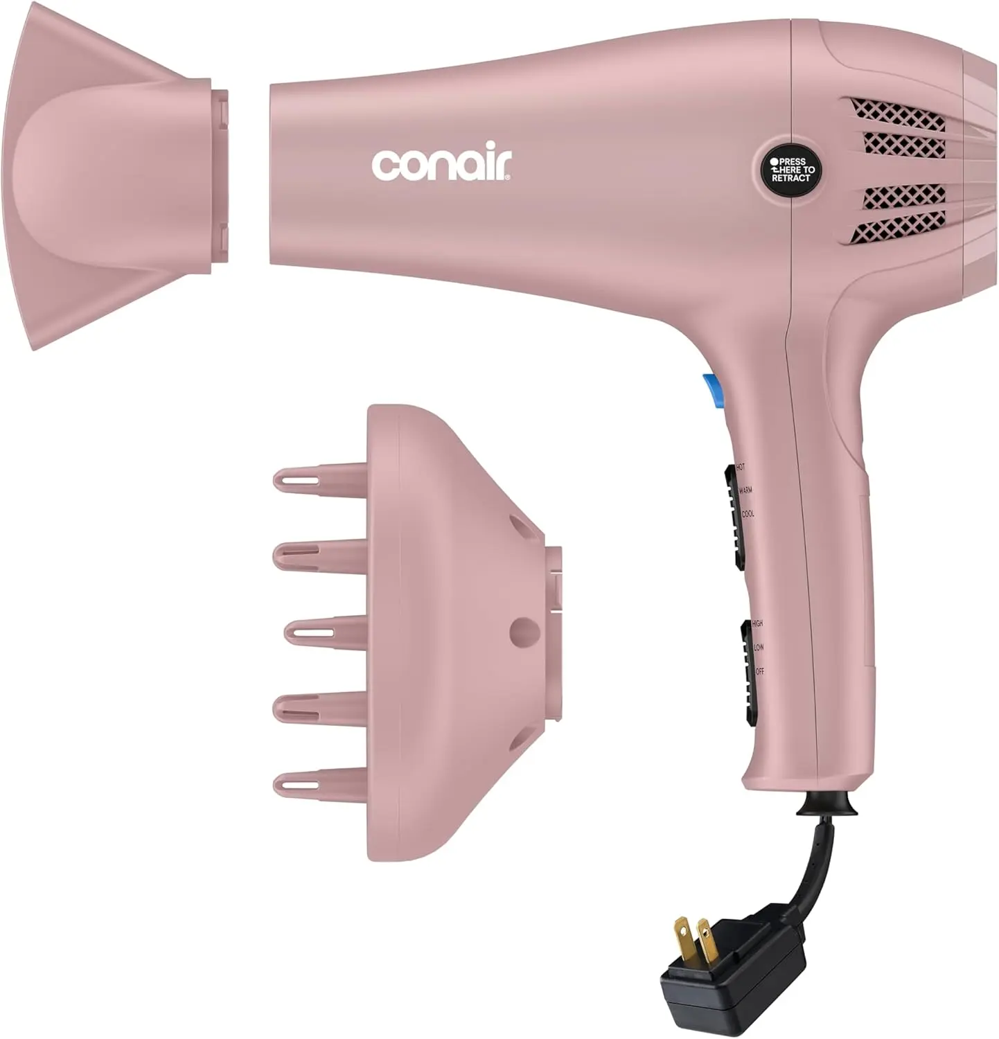 Conair Smooth Diffuser Hair Dryer with Concentrator, 1875W, Matte Blush Pink - Ionic Tourmaline Technology, 3 Heat Settings, 2 Speed Options for All Hair Types, Storage