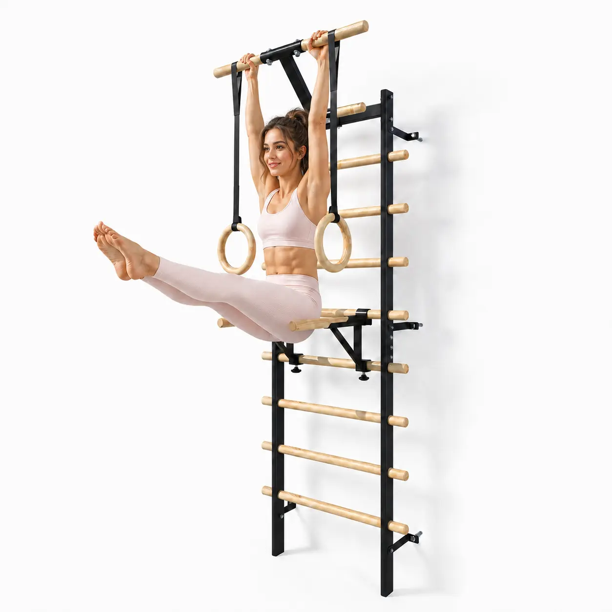 Bezliving Wall Mounted Swedish Ladder for Adults, Home Gym Stall Bars with Pull Up Bar, Dip Station, Gymnastic Rings and Steel Frame, Strength, Stretching & Flexibility Training Equipment