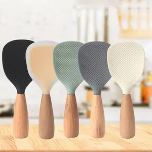 Rice Scooper Standing – Silicone Rice Scooper with Wooden Handle, Heat Resistant Rice Spoon Paddle for Cooking and Serving