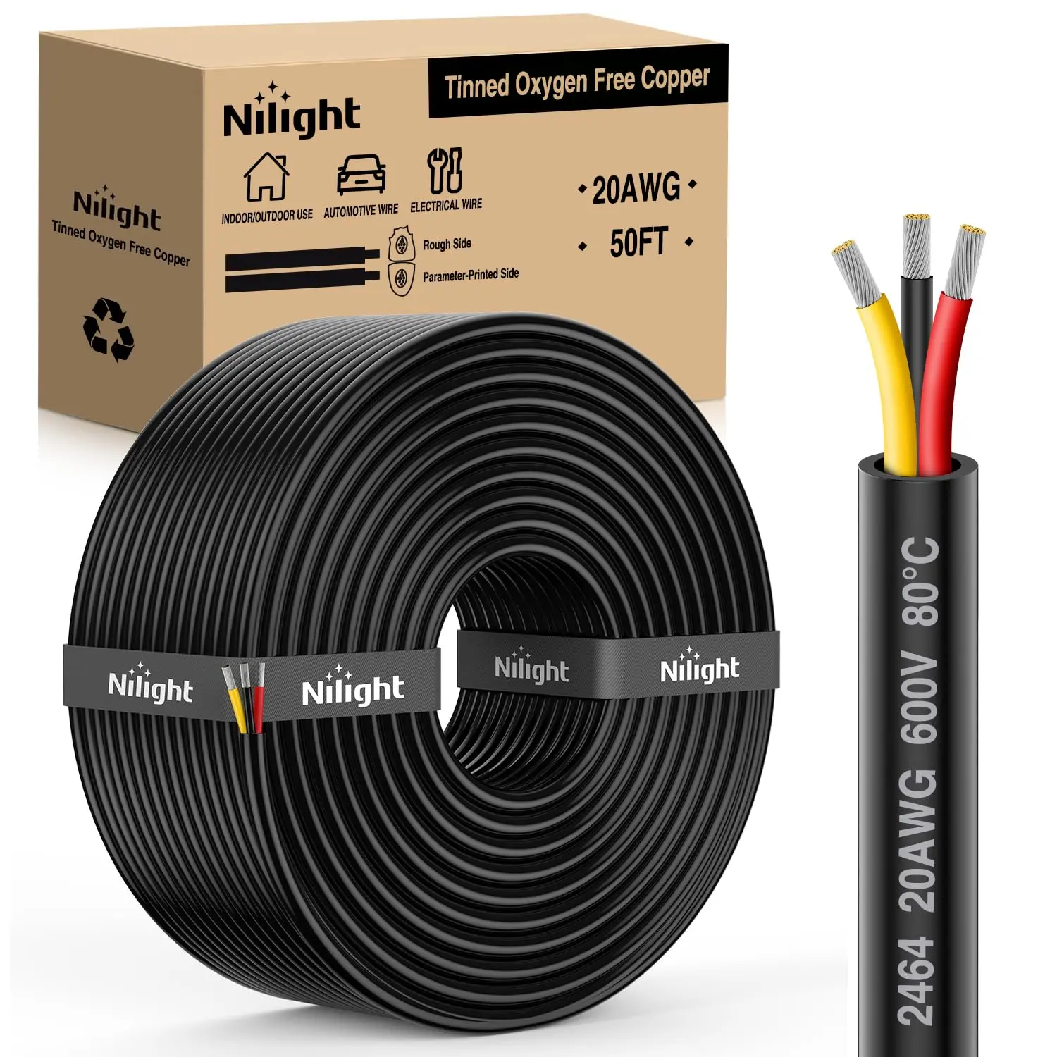 Nilight 50FT 20AWG 3-Conductor Electrical Cable - Tinned Oxygen-Free Copper, Red-Black-Yellow Parallel Wires, 600V DC Water Resistant Flexible PVC Extension Cord with Solder Compatibility, Outdoor Use for LED Strips, Lamps