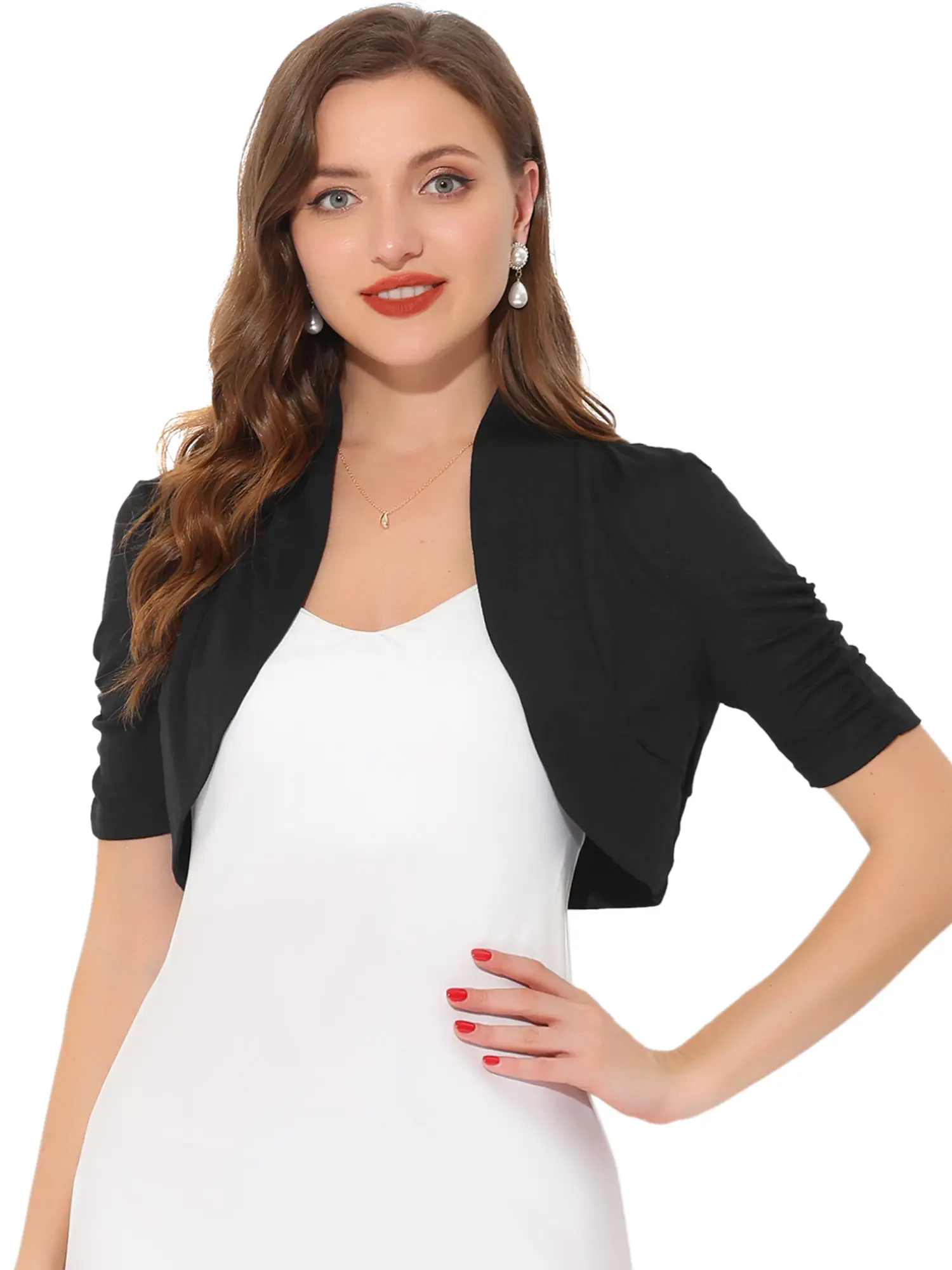 INSPIRE CHIC Short Sleeve Shrugs Women's Ruched Sleeve Open Front Cropped Bolero Cardigan