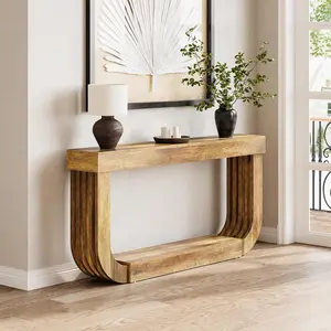 LITTLE TREE Console Table for Entryway, 70.9-Inch Extra Long Narrow Sofa Table, 2-Tier Brown Wooden Console Sofa Table with Heavy Duty U-Shaped Pedestal, Large Hallway Foyer Table for Living Room
