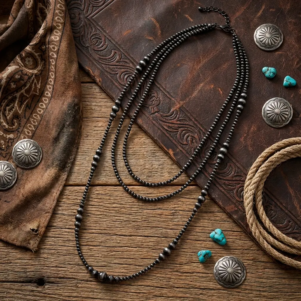 Unisex Luxury Navajo Pearl Chain Necklace - High-End Western Style Layered Costume Jewelry, Bold Design Long Beaded Statement Piece, Fish Hook Clasp, 17-Inch Extender