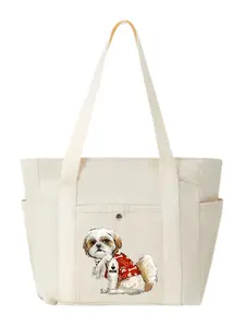Shih Tzu ‘I Love Mom’ Adorable Pet Fashion Graphic Multi-Pocket Canvas Shoulder Bag Women's Casual Travel Shopping Outdoor Picnic Large Capacity Bag Fashionable Shopping Bag