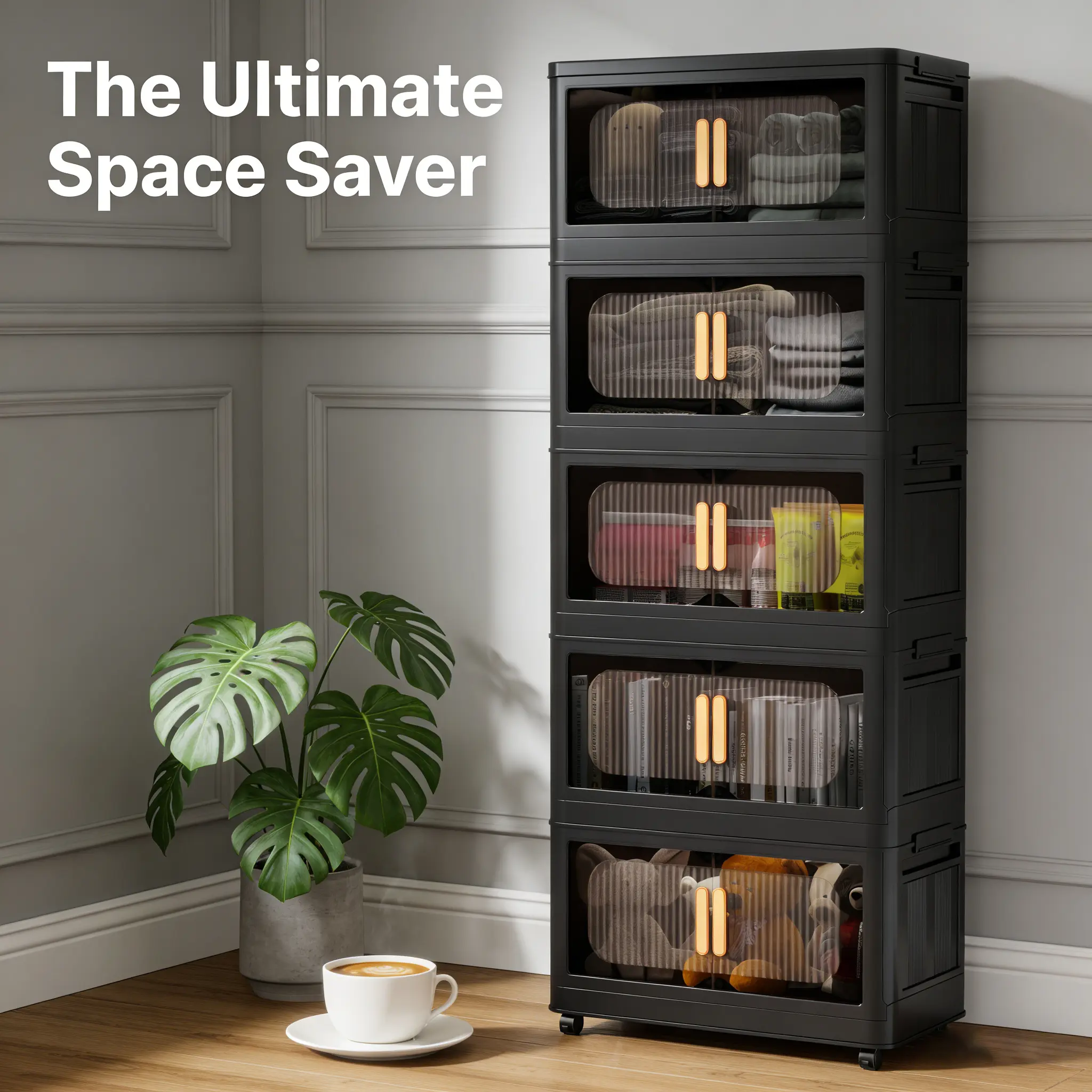 Plastic Stackable Storage Cabinet - Rectangular Multi-Tiered Organizer Boxes with Wheels, Handle, Collapsible Drawers, Easy Snap - Home Organizer for Parents' Bathroom/Office Supplies