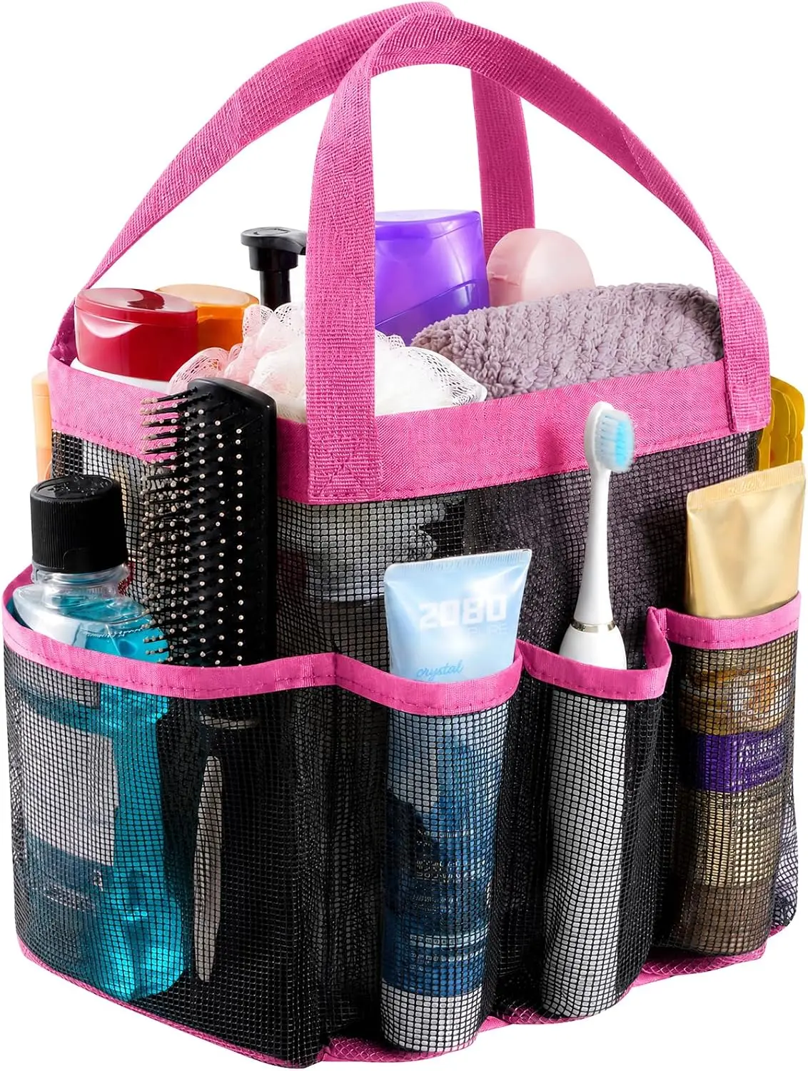 Lifewit Mesh Shower Caddy Portable for College Dorm Room Essentials with 7 Pockets, Freestanding Hanging Organizer Basket, Quick Dry Tote Bag for Camping, Bathroom, Beach, Travel, 1 Pack, Pink
