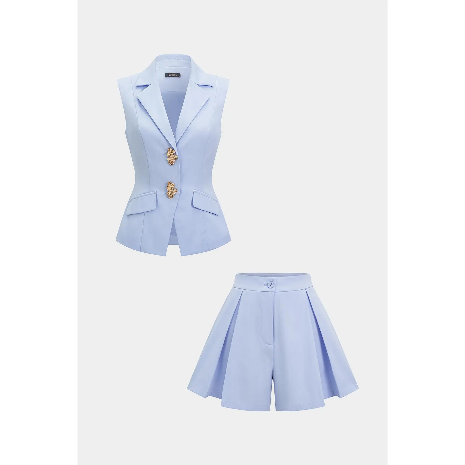 Women's 2-Piece Polyester Twill Office Set - Fitted Sleeveless Vest with Metallic Buttons, Pleated Wide Leg Shorts for Office Look