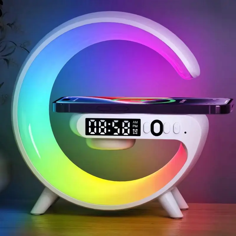 15W Fast Wireless Charger Pad Stand - Electronic Charging Station for Smartphone, Cellphone, Mobile Device with Speaker, TF Card Support, RGB Night Light, Digital Display (Compatible with iPhone, Samsung, Xiaomi, Huawei)