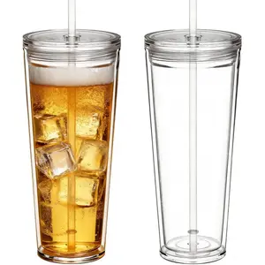 24oz with Lid and Straw, Leak and Wall Reusable Cups,Travel Reusable Iced Coffee Cup (2, Transparent)
