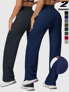 Women's High Waist Wide Leg Yoga Pants, Peach Butt Long Straight Leg Workout Pilates Fitness Quick-Dry Gym Wear, Polyester + Elastane, Gym Sportswear Bottoms