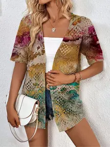 Spring/Summer, elegant commute, vacation seaside bohemian style, contrast color-block print, short-sleeve women's slightly stretchy knitted cardigan, vest cover-up.