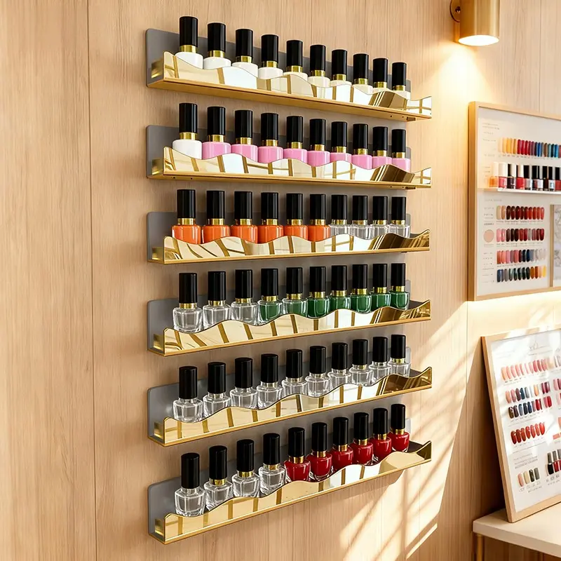 Wall-Mounted Nail Polish Organizer Rack, Organizer With Shelf, 15 Inch Mirror Polished, Multifunctional Display Stand, Small Space Storage, Cosmetic Shelf, Acrylic Organizer, 6 Pieces Set