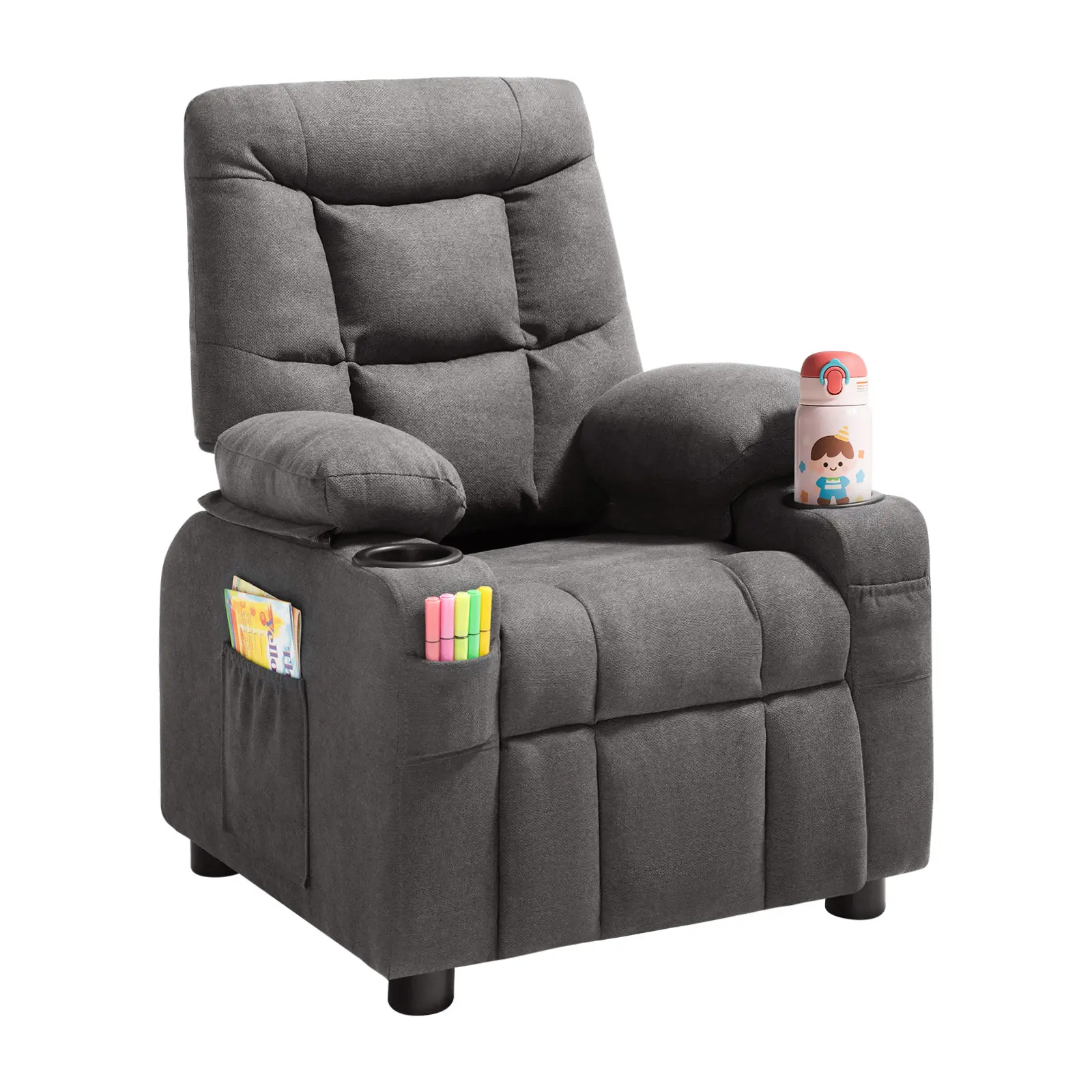 VEVOR Kids Recliner Chair, Toddler Lounger with Cup Holders & Pockets, 107° to 126° Adjustable Back, Breathable Polyester Upholstery Reclining Sofa with Foot-rest, for Boys and Girls, Children (Gray)#BacktoSchool
