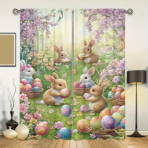2pc, Easter theme. Installation via pocket rod. Rabbit and egg digital printed curtains. Suitable for living room, closet, bedroom, study, dining room and home decoration. Window Curtain Interior Decoration Accessories Window Decorations Supplies