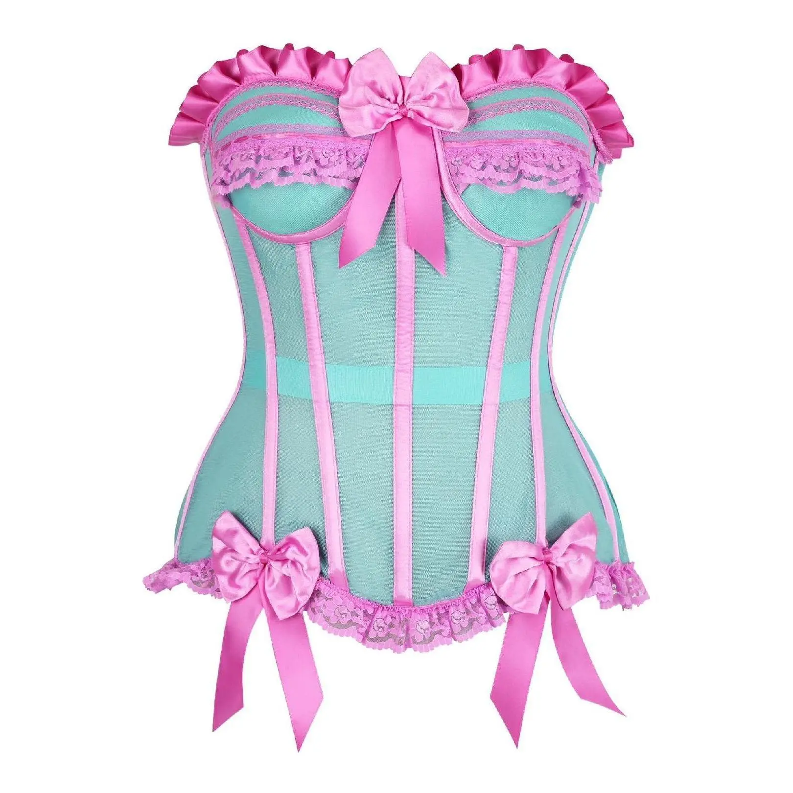 Top Drawer Steel Boned Mint/Pink Mesh Underwire Bustier Corset