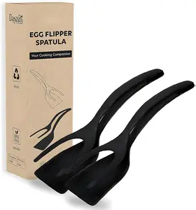 DASZERX® 2 in 1 Grip & Flip Egg Flipper Spatula Tongs, Multi-purpose Non-Stick Kitchen Shovel for Bread Fish Pancake Toast, Home Kitchen Cooking Tool (2 PCs Black) Utensil Blade Cookware Silicone