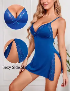 Sexy Lace Trimmed Nightgown lingerie for Women, Soft and Breathable Sleepwear with Adjustable Straps, Side Slits Contract Lace Sleeveless nightdress