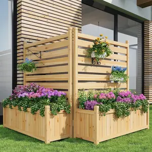2-Panel Outdoor Privacy Screen with Planter Box, 33"X40" Wooden Fence Cover for Patio & Garden, Perfect for Hiding AC Units, Trash Cans, Pool Pumps & Equipment, Natural Decorative Backyard Divider
