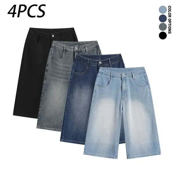 Pack of 4 men’s casual retro denim shorts—7/8 length—with a washed distressed finish and pocket design; loose fit that can accommodate a belt for everyday casual wear and sports.