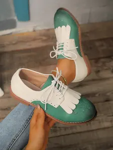 Women's Fashion Retro Floral Round Toe Oxford Colorblock Lace-Up British Style Shoes, Casual Comfortable Leather Pumps for All Seasons
