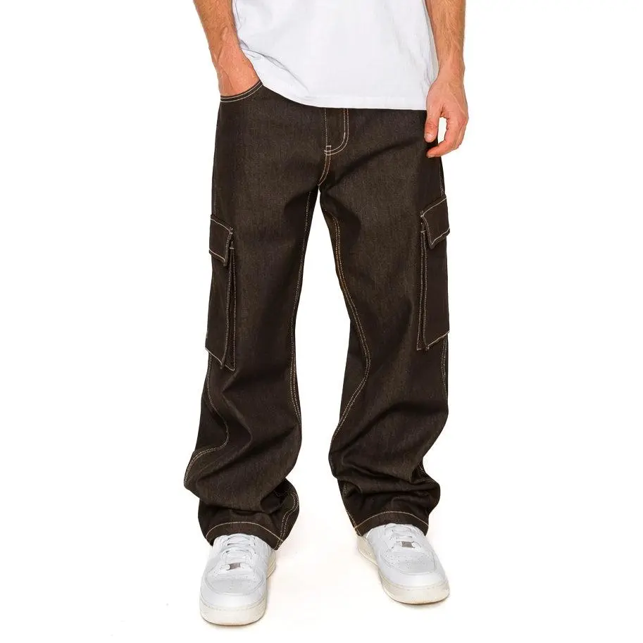 VICTORIOUS Baggy Fit Raw Denim Cargo Jeans Menswear Pocket