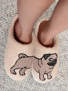 Soft Plush Dog Slippers for Men & Women, Cute Embroidered Pug Design, Indoor Outdoor Warm Non-Slip Shoes, Fall Winter Gift, Casual Slippers