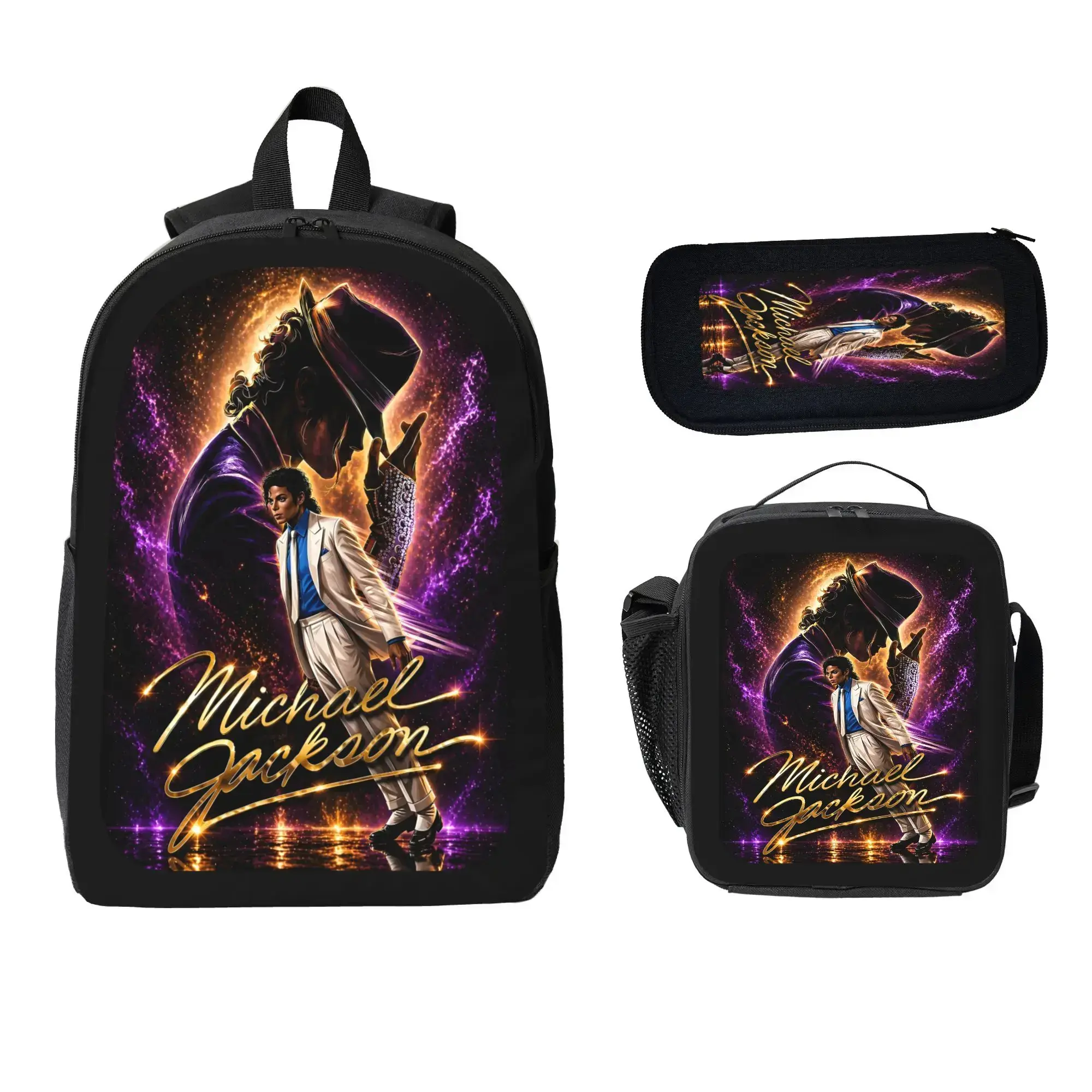 3-Piece Backpack Set, Michael Jackson-themed school backpack for teen music fans with lunch bag and pencil case, casual travel daypack