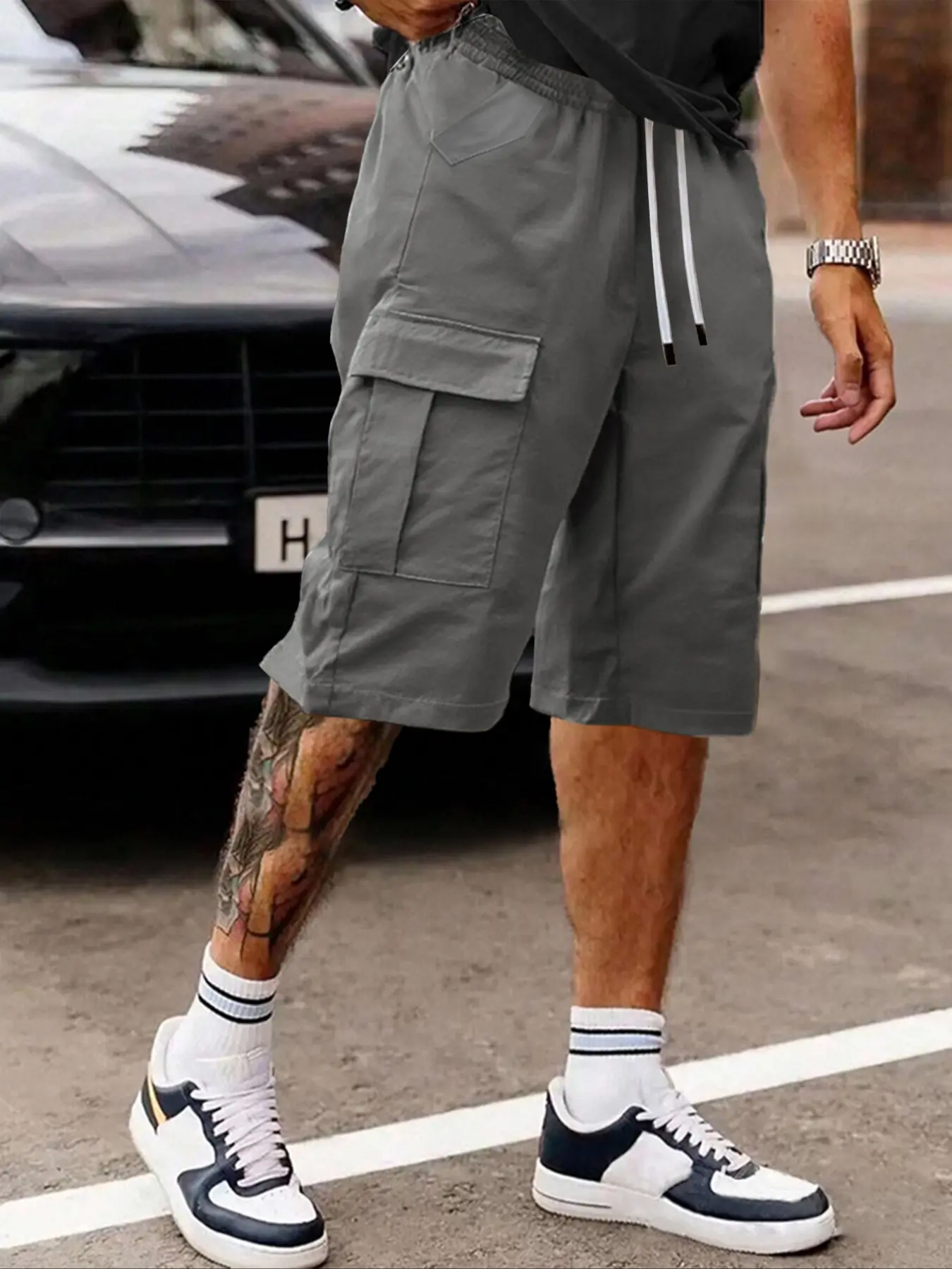 Men's Solid Flap Pocket Fitted Cargo Shorts, Regular Fit Casual Comfy Breathable 3/4 Length Shorts for Summer, Men's Bottoms for Daily Wear, Casual Drawstring Shorts, Casual Sport Shorts, Casual Street Shorts