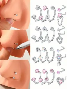 5pcs Stainless Steel 20g Horseshoe Nose Ring, Cz L Shaped Nose Studs, Multi-Styles Nose Rings for Women & Girls, All Seasons Jewelry
