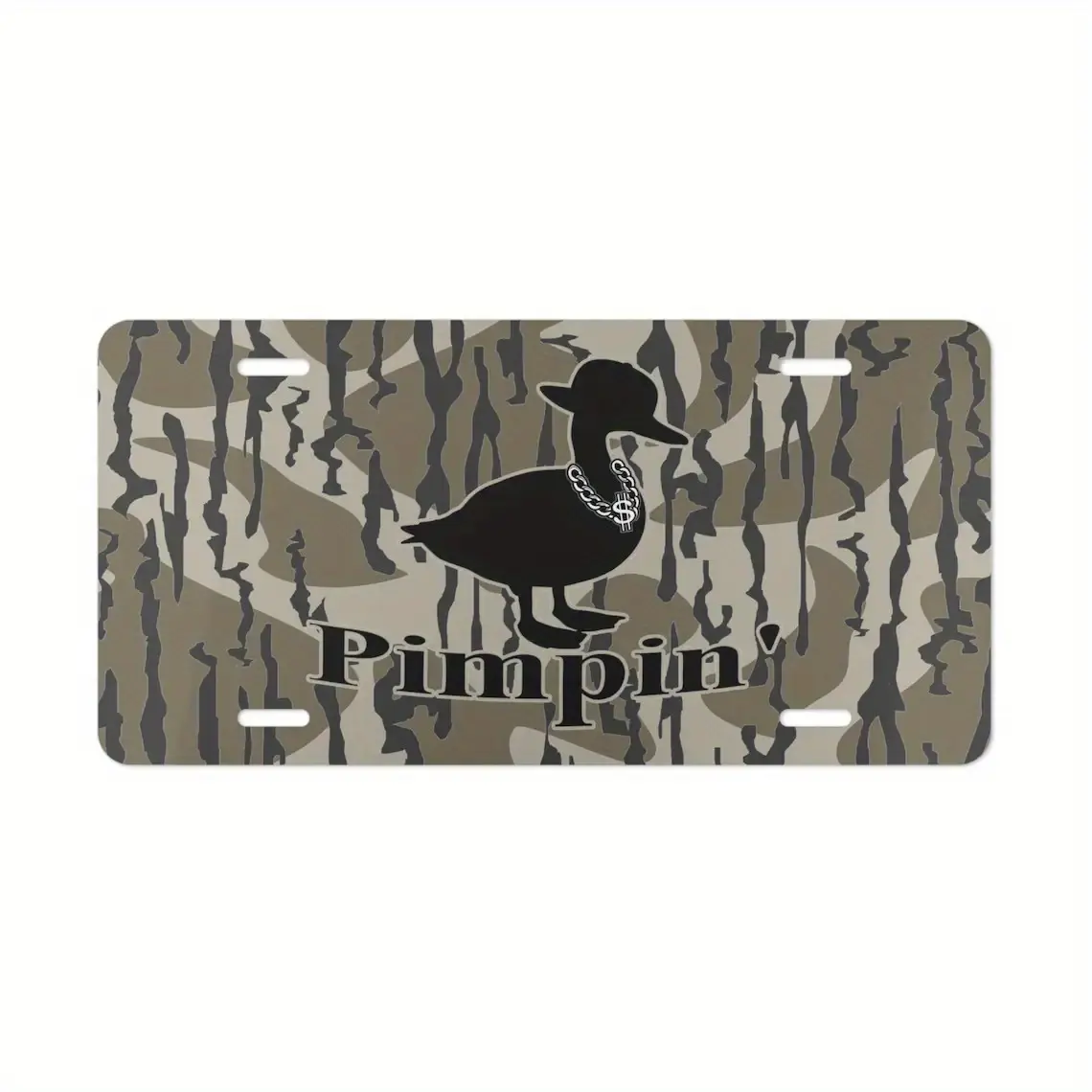 Sandy Bottom Camo with "Pimpin' Duck" Vanity Plate, License Plate, Gifts for Him, Hunting Gifts, Duck Hunting, Aluminum Front License Plate- 6x12-inch polished metal standard plate, easy to install, car trim accessories, for decor only, Made in USA