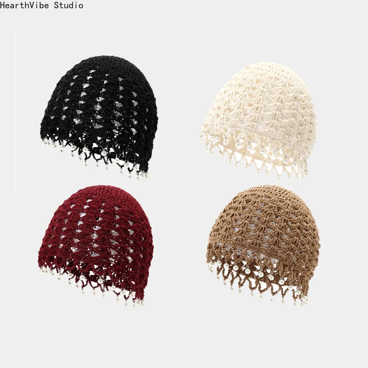 Women's Handmade Cotton Crochet Beanie - Spring/Summer Openwork Knit Hats, Ethnic-Style Tassels, Floral Accents, Tie-Straps, Unisex Sports & Outdoor Pullover Accessory, Tassel Swish Detail, Tassel Swish Accent