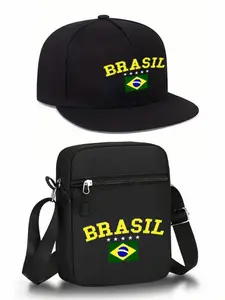 Fashion Brazil Flag Print Set, Unisex Flat Brim Hip-Hop Baseball Cap and Crossbody Bag, Street Style Outdoor Sports Hat and Bag