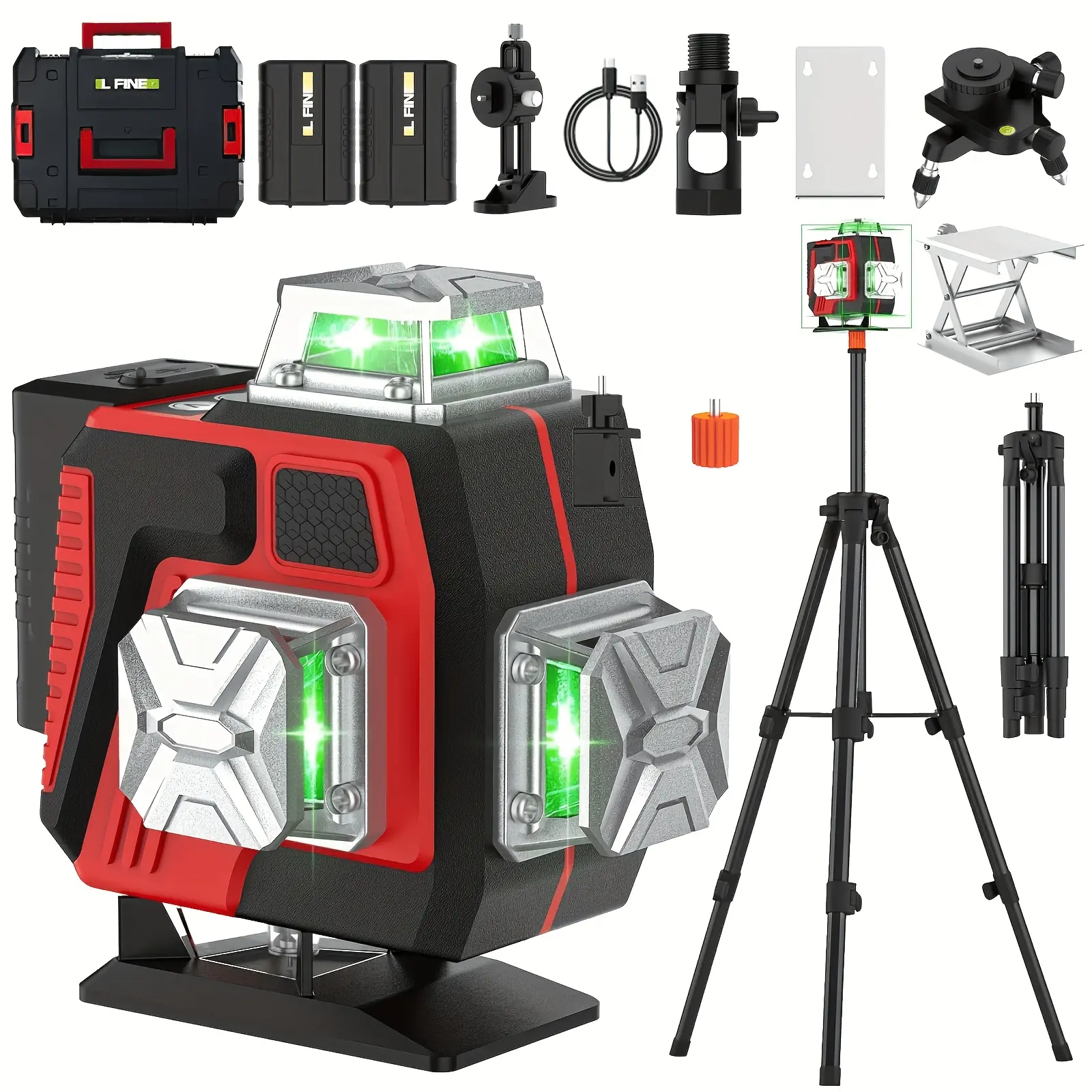 L FINE Green 16-Line 360° 4D Cross Line Self-Levelling Laser Level Unit, Rechargeable Green Laser Combo Work Tool Kit with Batteries, Heavy-Duty Adjustable Tripod, Tripod Mount & Lift Platform Assist for Construction, Tile Installation (Tools & Hardware)