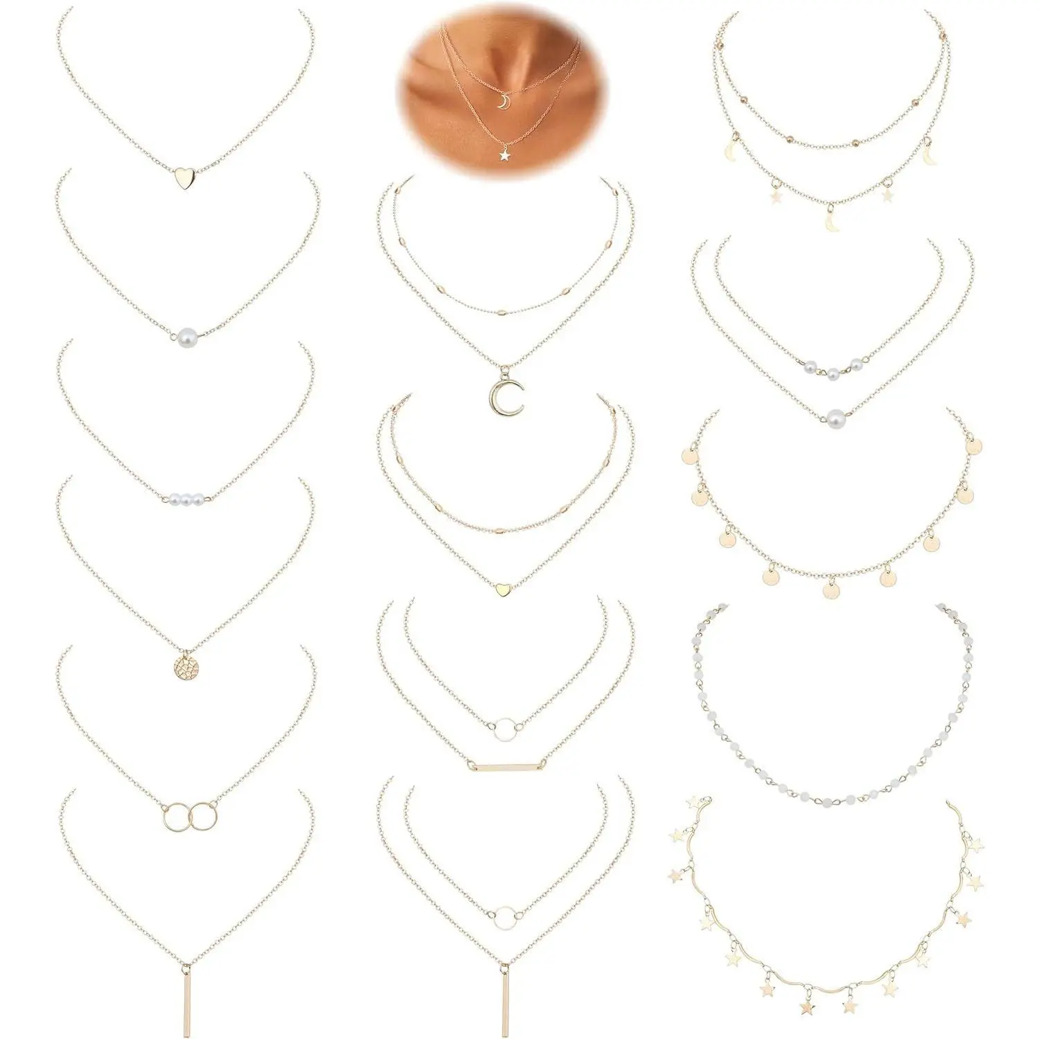 CASSIECA 16Pcs Women's Assorted Set Necklaces - Casual Style Aesthetic Dainty Adjustable Gold Silver Tone Layered Choker & Long Pendants with Moon Boho Star Pearl for Daily Wear, Necklaces For Women