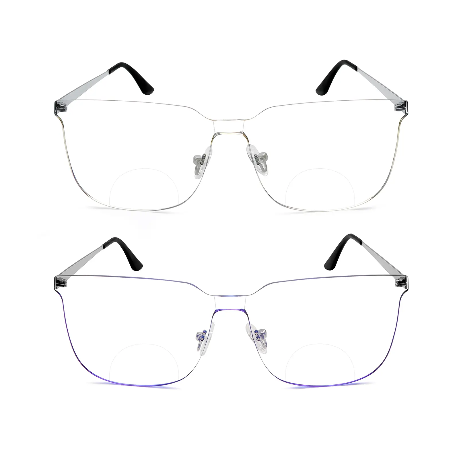 2 Pairs Fashion Half Rim Glasses Metal Frame Design Unisex Bifocal Blue Light Blocking Lightweight Retro Reading Eyewear Half Rim Eyeglasses, Silicone, Uv, Pads