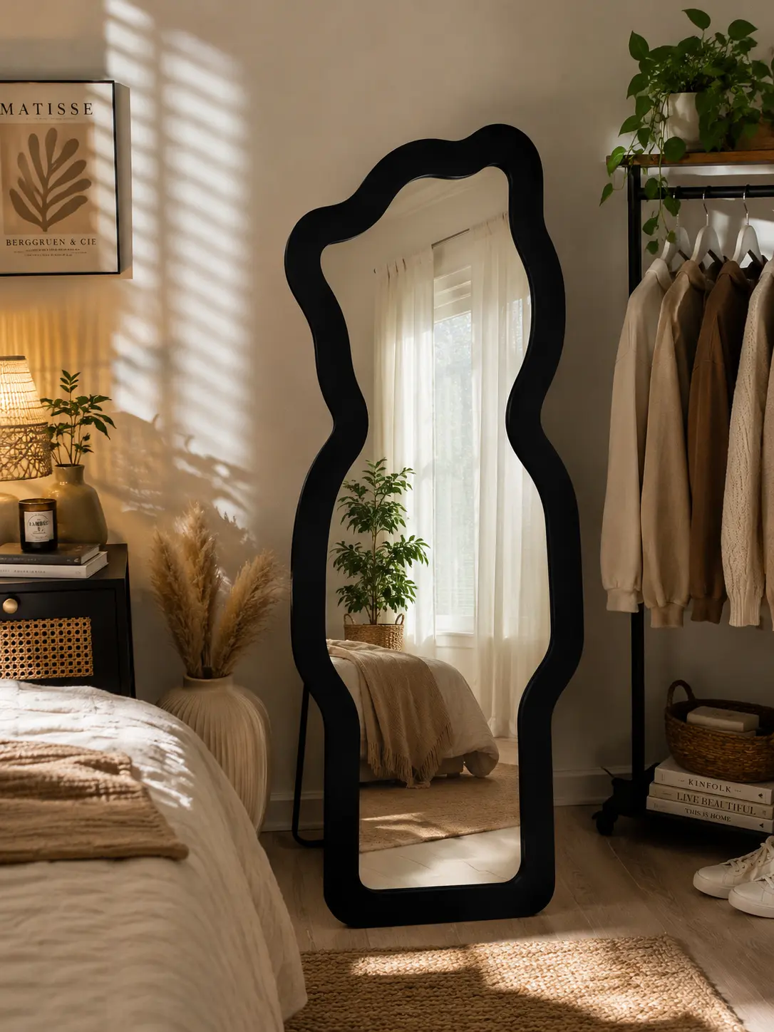 60"x20" Full Length Mirror Freestanding Full Body Floor Mirror, Black Irregular Wavy Mirror, Modern Asymmetrical Statement Mirror for Bedroom, Living Room, Dressing Room & Entryway, HD Reflection
