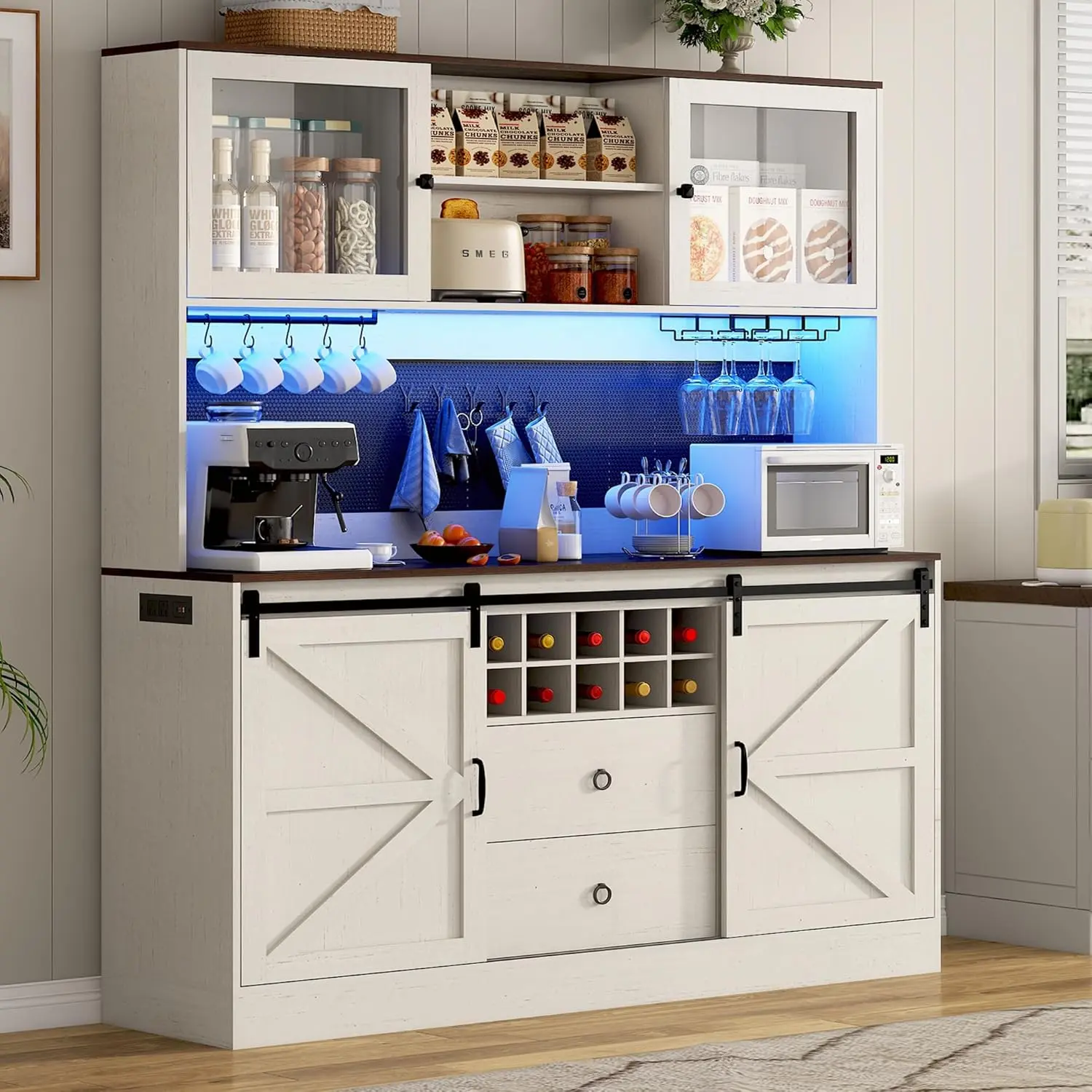 74" Farmhouse Kitchen Pantry Storage Cabinet with LED Light & Charging Station, 63" W Coffee Bar Cabinet Kitchen Cupboard with Hutch and Sliding Barn Doors, Pegboard