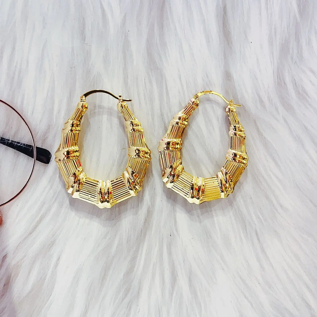 18 Karat Gold Filled Layered Bamboo Large Hoop Earrings Set - Fade-Resistant Gold Filled Material, Earring Stack, Affordable Fashion Costume Jewelry Accessory #88, Bamboo Hoop Earrings, Chunky Hoop Earrings