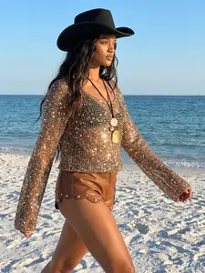 VIBEERA Women's Long-Sleeve Glitter Sparkly Rhinestone Mesh Loose Top - Bohemian Sequined Crochet Piece, Suitable for Beach and Party Outfits