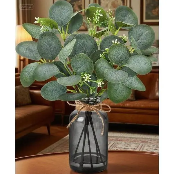 13.5" Plastic Artificial Eucalyptus Stems in Black Glass Vase with Faux Water, Sage Green Fake Greenery for Home Office Table Centerpiece, No-Maintenance Reusable Silk Decorative Ornaments