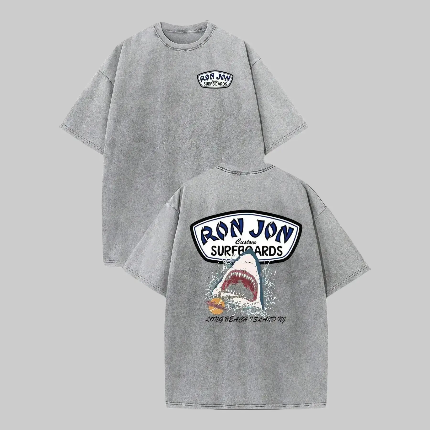 vintage acid wash grey oversized tee coastal grunge skater aesthetic ron jon surfboards shark graphic shirt long beach island nj retro summer beach outfit great white heavyweight cotton mineral wash trendy streetwear unisex tiktok fashion Casual Baggy Cre