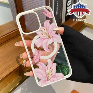 Chic Lily Charm Pattern Magnetic Phone Case Supports Wireless Charging for iPhone 15 16 14 Pro Max 13 12 11 XR XS Plus E Shockproof Non Slip Protection Silicone Transparent Acrylic Cover Cellphone Protective