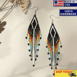 Multi-Color Hook Pattern Beaded Handmade Earrings For Women