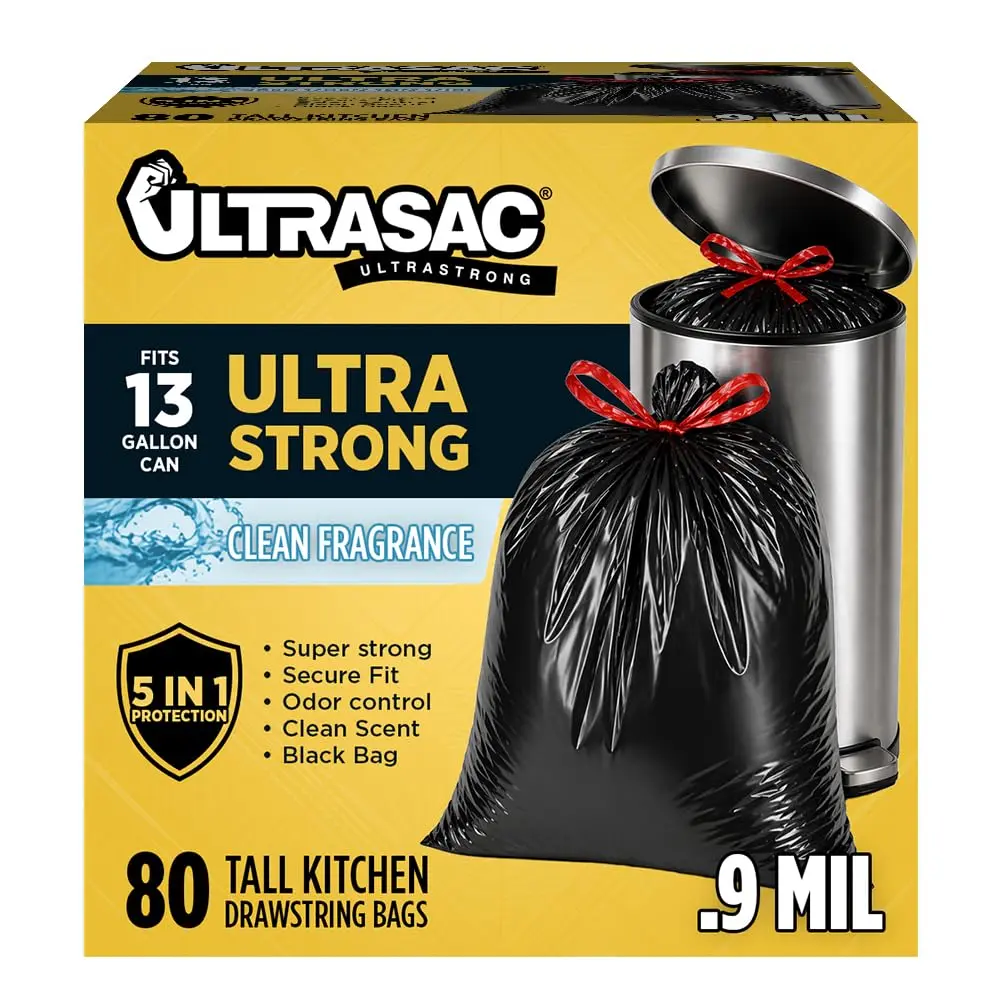 Ultrasac 13 Gallon 0.9 MIL Black Clean Scent Drawstring Tall Kitchen Trash Bags - 24" x 27" - Pack of 80 - For Home, Kitchen, Food Services, & Commercial