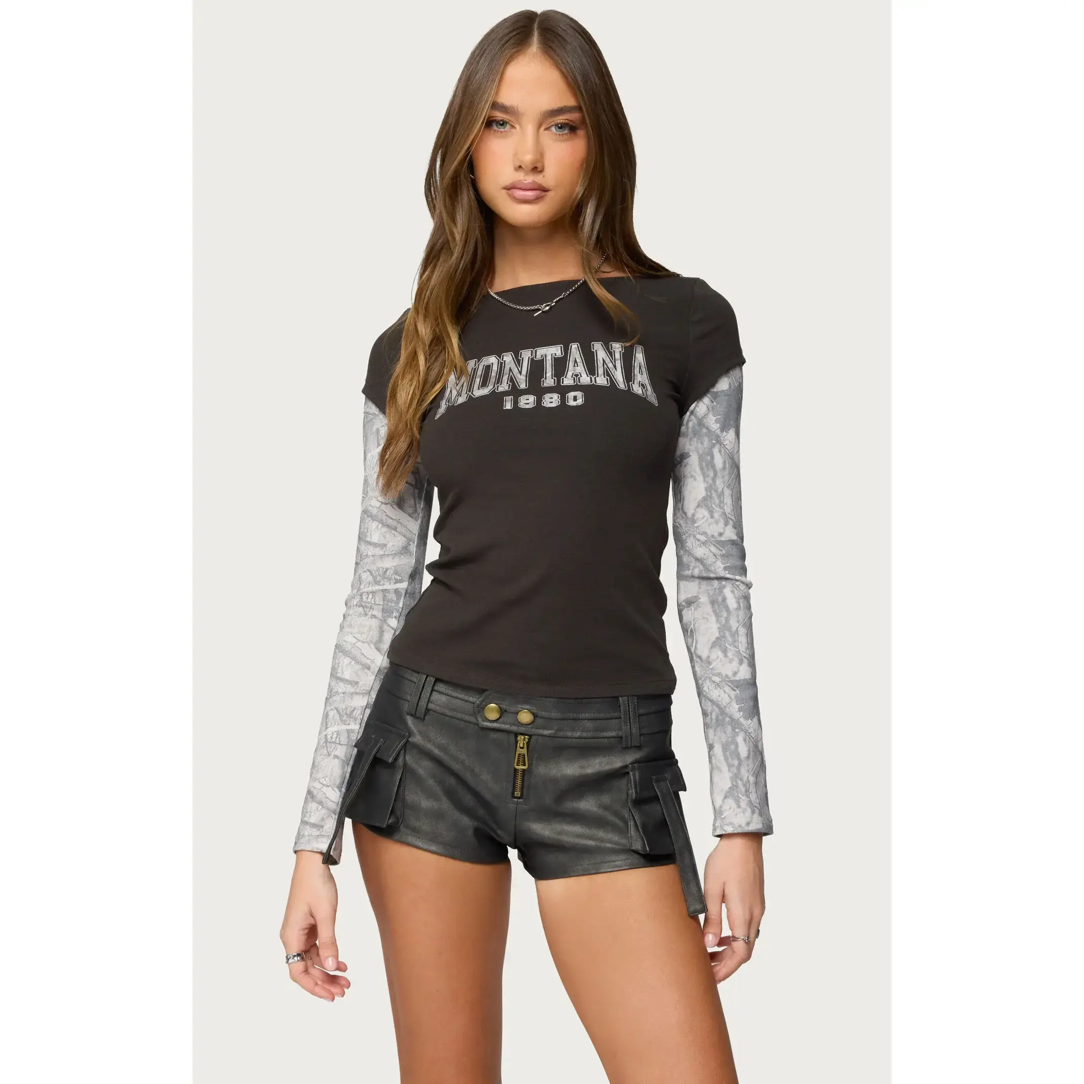 Edikted Women's Layered Camo Long Sleeve T-Shirt