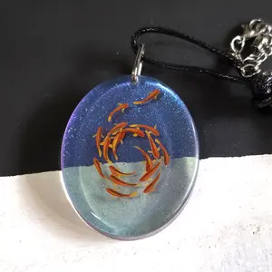 Pendant Resin Hand Painted Koi Fish Large Blue Glitter One-of-a-Kind Jewelry