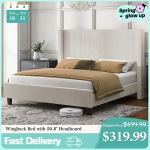 [Spring Sale] 【Bed Frame Only】VanAcc Upholstered Platform Bed Frame, Wingback Bed with 50.8" Headboard, Modern Corduroy Design, Solid Wood Leg/No Box Spring Needed, Unique Bedroom Furniture