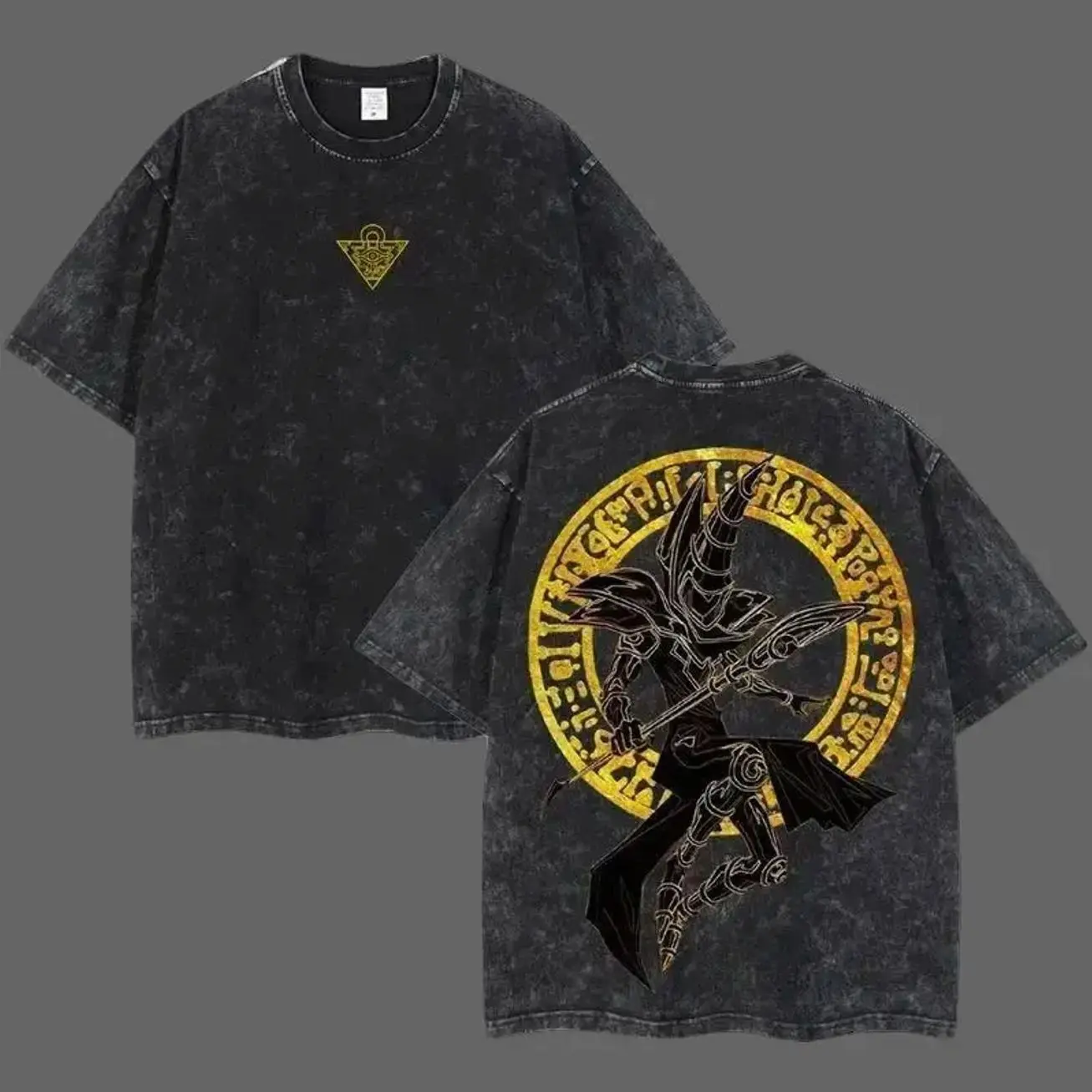 Retro Heavy Limited Monster Card Dark Magician Yu-Gi-Oh Anime Double Printed Vintage Washed Tee Unisex Oversize Anime Manga Wash Heavyweight Cotton T-shirt, Gift For Anime Fan MFE