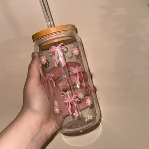 Custom Pink Bow Themed 16oz Glass Cup with Lid and Straw - Floral Design & Bamboo Lid Included