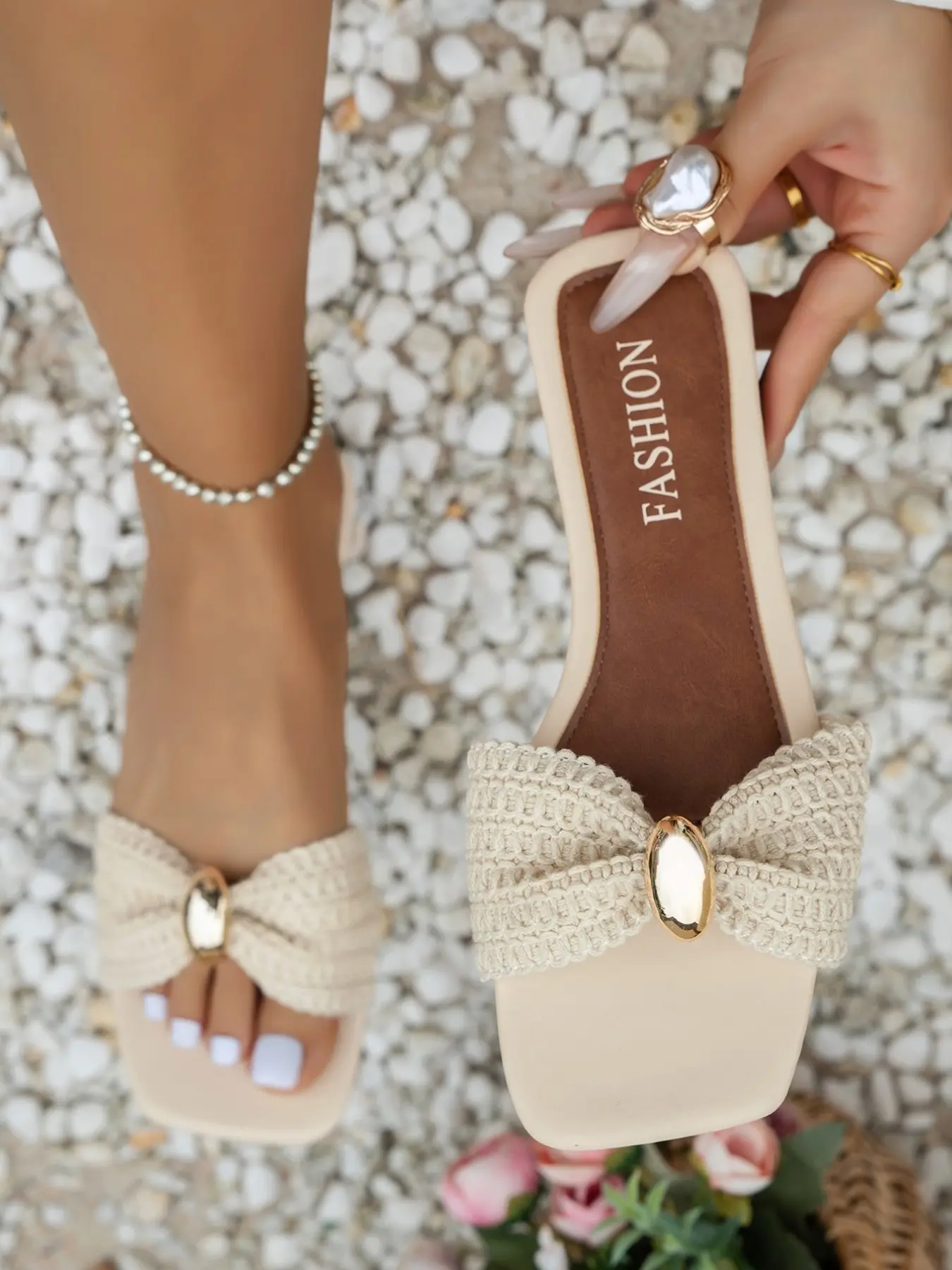 New Woven Bow Slip Sandals Flat Sole Sandals Women Flat One Strap Shoes with Letter Print Soft Lightweight, Casual Textile Upper All Seasons